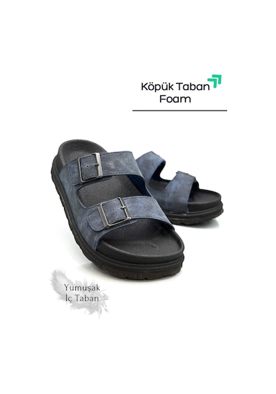 Sermoda Çift Toka Ayarlanabilir Genişlik Köpük Taban Rahat Deri Erkek Terlik Lacivert