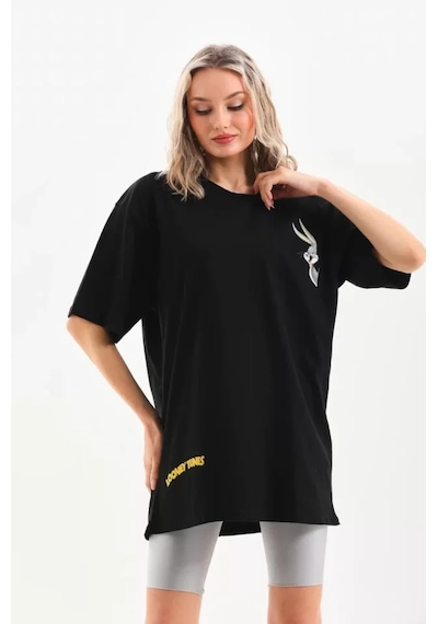 Modi Unisex Baskılı Oversize T-shirt - Siyah Açık Siyah