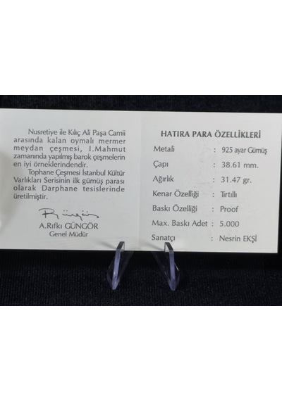 Darphane İstanbul Kültür Varlıkları Serisi Tophane Çeşmesi Gümüş Hatıra Sikke 1999