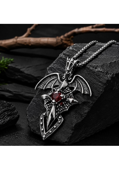 Paslanmaz Çelik Kırmızı Zirkon Taşlı Melek Kanat Stil Gotik Kadın Kolye