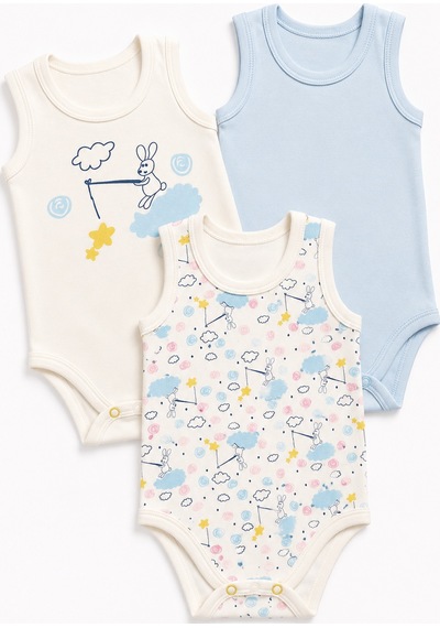 Babyhola 3'lü Bebek Çıtçıtlı Atlet Badi Bö Sevimli Hayalet Desenli 3681 Mavi