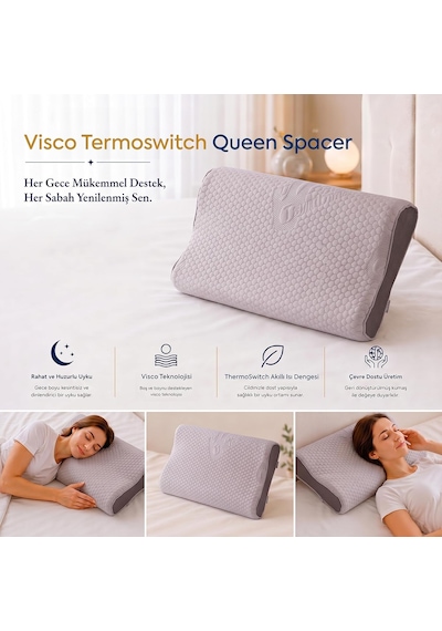 Visco Queen Spacer Thermoswitch Boyun Destekli Ortopedik Visco Yastık 55x35 Cm Çok Renkli