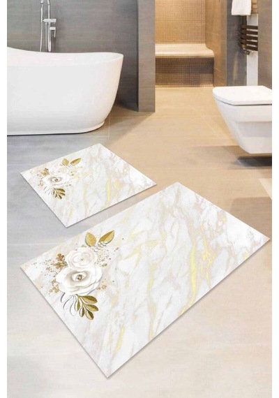 Gold Çiçek Temalı Banyo Halısı Klozet 2'li Paspas Seti Bs019n11