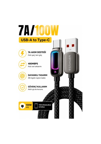 Essager 1 Metre 100w 7a Usb-a To Type-c Hızlı Şarj Kablosu Rgb Işıklı 480mbps Veri Aktarımlı Örgülü Data Kablosu Siyah