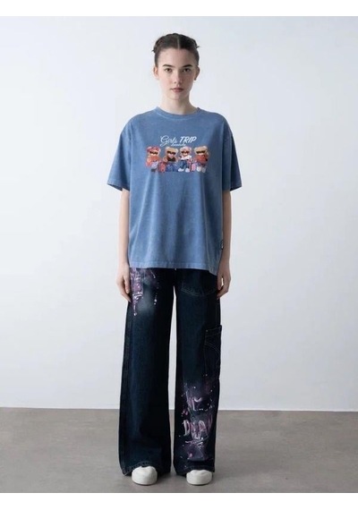 Zekids Kız Çocuk Ayıcık Baskılı Oversize T-shirt-15808 Mavi