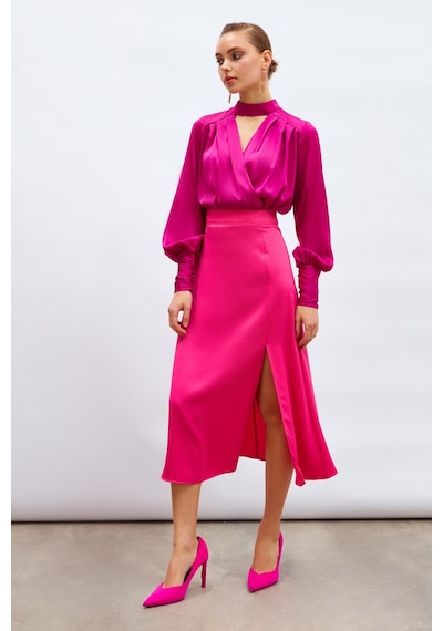 Sateen Yırtmaçlı Saten Etek - Fuşya