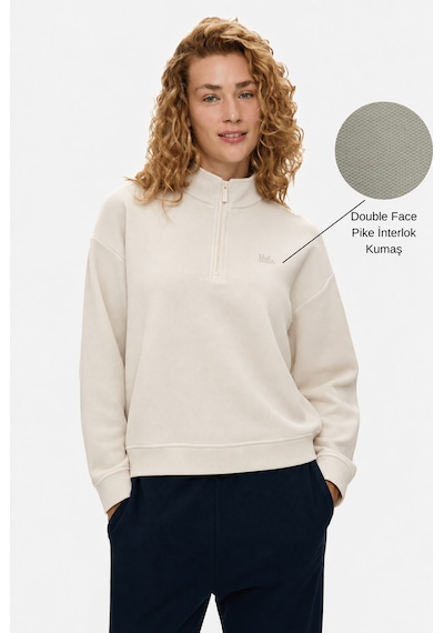 UCLA Ruelle Kemik Rengi Yarım Fermuarlı Nakışlı Pamuklu Loose Fit Kadın Pike Sweatshirt