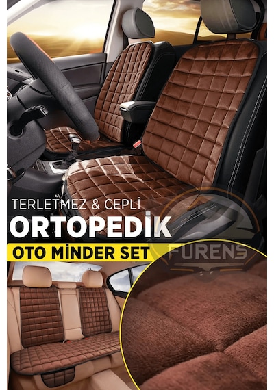 Mercedes E200 Kahverengi Tay Tüyü Cepli & Terletmez Sırtlı Oto Koltuk Minder Seti - Koruma Kılıfı  Ön & Arka Set