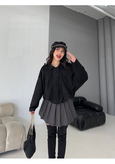 Süet Apoletli Bomber Ceket Siyah