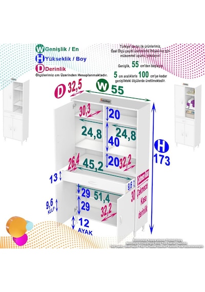 55x173 Cm Mutfak Dolabı Banyo Dolabı Çok Amaçlı Dolap Ard-138 Beyaz