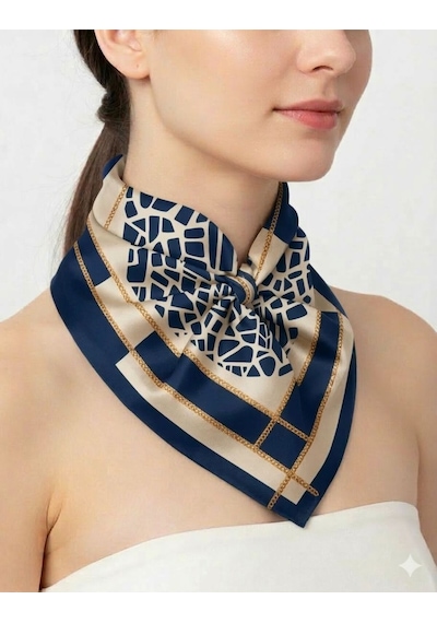 Tarzını Seç Lacivert Mozaik Zincir Fular / Bandana / Aksesuar 48x48 Cm