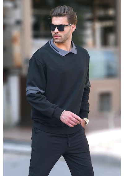 Madmext Siyah Polo Yaka Oversize Kolu Şeritli Erkek Sweatshirt 7048-siyah Siyah