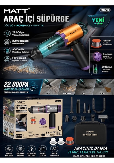 22000pa 220w Ultra Güçlü 9000mah Kablosuz Araç İçi Süpürge Metal Filtreli 220ml Şarjlı Mini
