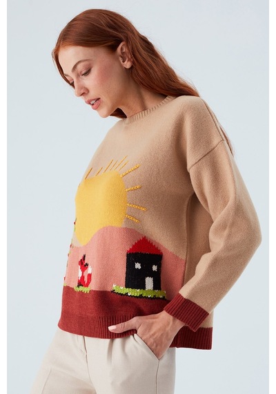 Peraluna Sunny Pullover El İşlemeli Desenli Kadın Triko Kazak Bej/kahve-çok Renkli Çok Renkli