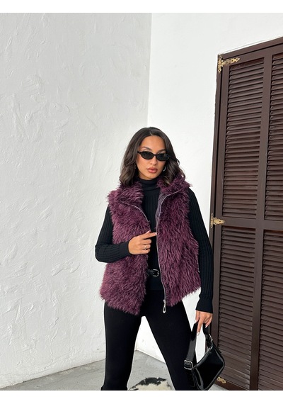 Verymoda Yapay Kürk Kadın Yelek Fermuarlı, Yumuşak Dokulu I Vmf2046 Mürdüm