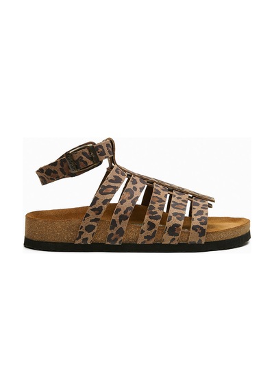 Comfortfusse Ares - Kadın Ortopedik Hakiki Deri Sandalet Leopar Baskılı Deri