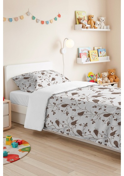 Kuşlu Bej Tek Kişilik Pike Takımı - Otantik Kahverengi Minimal 160x220 Cm Kapitone Yatak Örtüsü Şeffaf
