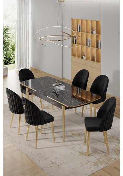 Canisa Rada Serisi 80x132 Açılabilir Lak Panel Siyah Mermer Desen Masa 6 Siyah Sandalye Gold Detay Masa Siyah Mermer Desen Sandalye Siyah Gold Ayak Canisa Rada Serisi 80x132 Açılabilir Lak Panel Siyah Mermer Desen Masa 6 Siyah Sandalye Gold Detay Masa Siyah Mermer Desen Sandalye Siyah Gold Ayak