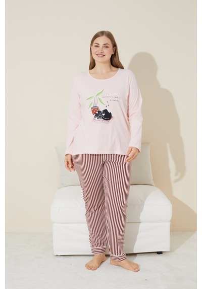 Siyah İnci Pamuklu Curve Büyük Beden Battal Boy Örme Pijama Takım 24240672 Somon