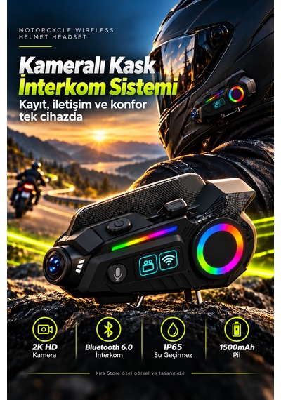 Kameralı Motosiklet Kask İnterkomu 2k Hd Video Kayıt Bluetooth 6.0 Rgb Işıklı Ip65 1500mah Kask Kulaklığı