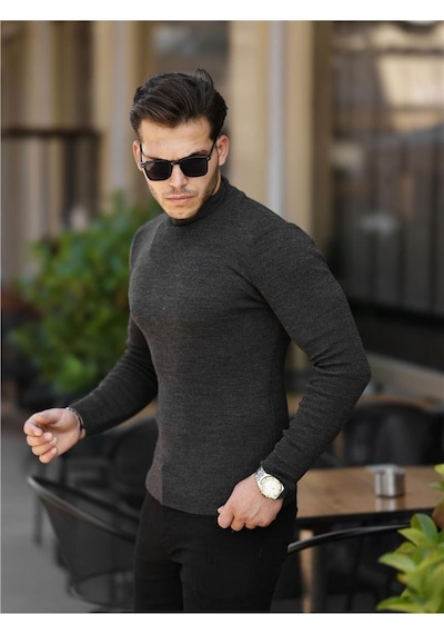 Füme Erkek Slim Fit Yarım Balıkçı Fitilli Triko Kazak-trz19158r02s Füme