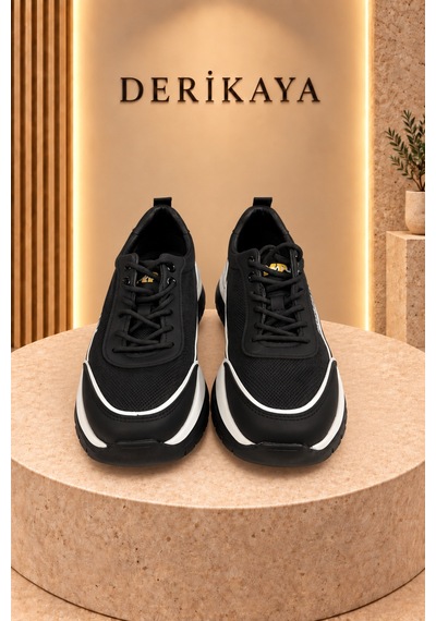Deri Kaya Erkek Premium Kalın Taban Bağcıklı Günlük Sneaker Spor Ayakkabı Siyah