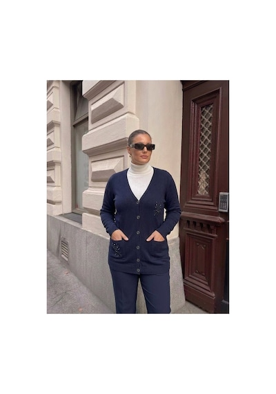 Onno Style Women Çelik Örgü Taş Aksesuarlı Klasik Triko Ceket Lacivert