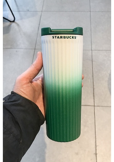 Starbucks Yeşil Beyaz Geçişli Çift Kapaklı Çelik Termos 473ml Yeşil