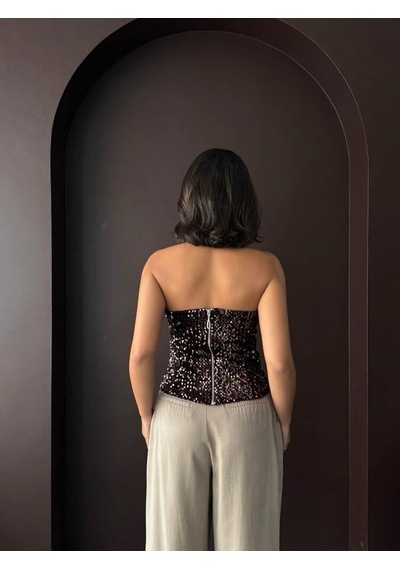 Ckm Moda Rubina Payetli Straplez Bluz Kahve