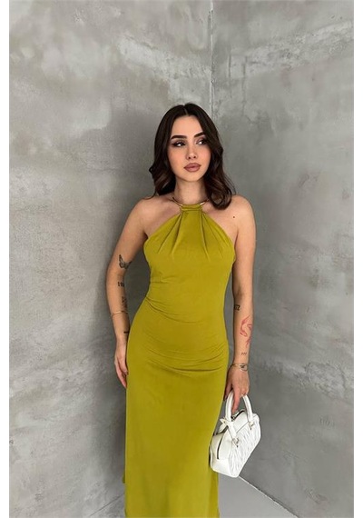 Neşeli Butik Kadın Yeşil Sırt Dekolteli Metal Yaka Midi Elbise Nbk4543 Yeşil