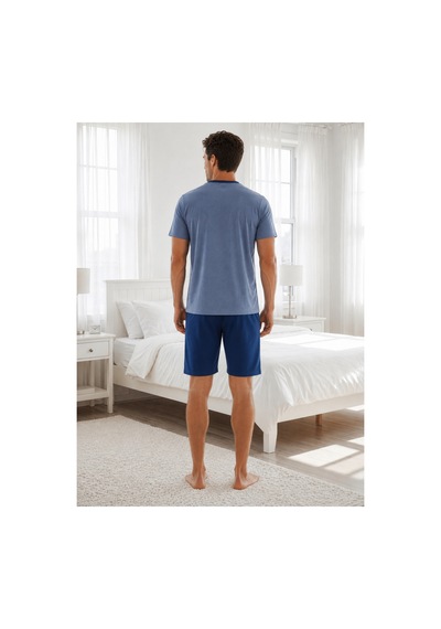 Pijamask Erkek İndigo Mavi Düğmeli Yaka Pamuklu Şortlu Pijama Takımı Kısa Kollu Yazlık Ev Giyim İndigo Mavi