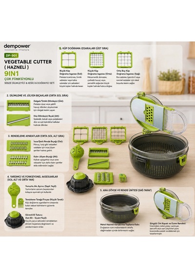 Vegetable Cutter Hazneli 9ın1 Çok Fonksiyonlu Sebze Dilimleyici - Kesici - Doğrayıcı Seti Dp-901 Bx40
