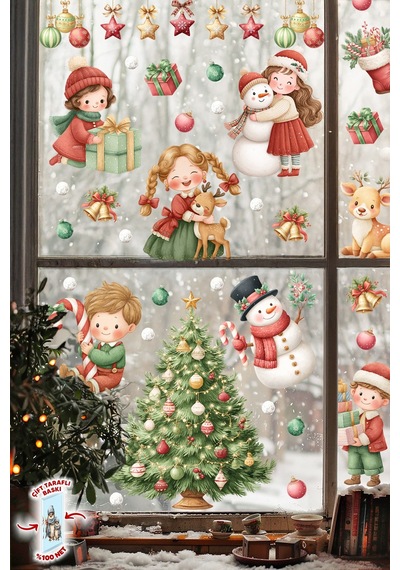 Yılbaşı Temalı Çocuk Odası Cam Sticker Seti Çam Ağacı, Kardan Adam, Hediye Noel Figürleri 44 Parça Dijital Baskı