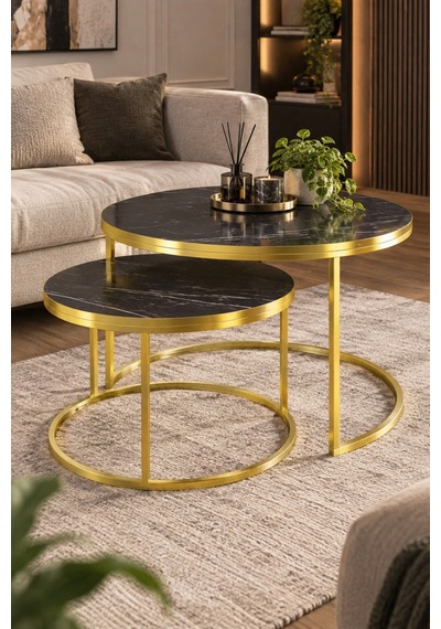 Sulorahome Gold Metal Mermer Desenli 2'li Yuvarlak Orta Sehpa Seti Siyah Ve Gold
