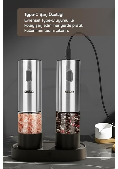 Shb-7521 Otomatik Tuz Ve Karabiber Öğütücü Seti Standlı Type-c Şarjlı Ayarlanabilir Öğütme Çok Renkli