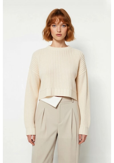 Ersefa Kadın Bordo Oversize Kesim Fitilli Triko Crop Kazak Uzun Kollu Bi Ekru