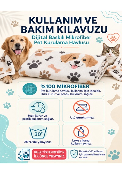 Kedi & Köpek Kurulama Havluları Dogs - Köpek Desenli Büyük Boy Hızlı Kuruyan 60x120cm