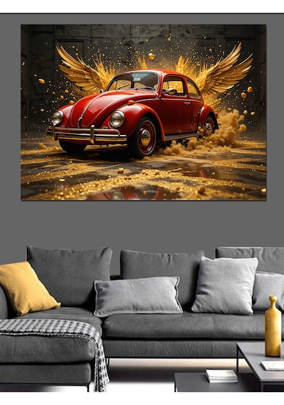 Altın Volkswagen Beetle Dekoratif Kanvas - Mdf Ahşap Tablo