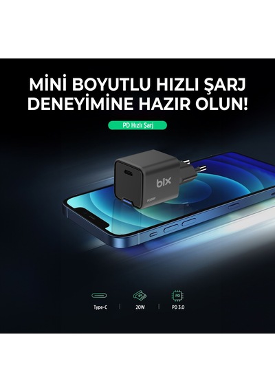 Bix BX1P20G GaN 20W Led Göstergeli Hızlı Şarj Cihazı Siyah