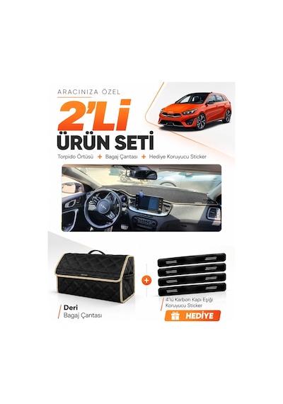 Kia Ceed 2020-2025 Uyumlu Torpido Örtüsü + Deri Bagaj Çantası + Sticker Seti - Siyah Bej
