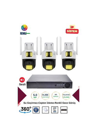 İrtech-3 Kameralı 360 Derece Sesli İp Güvenlik Kamera Seti Renkli Gece Görüş-su Geçirmez Gk01
