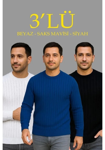 Erkek Fitilli Triko Bisiklet Yaka Kalın Kazak 3lü Set Beyaz-saks Mavisi-siyah Çok Renkli