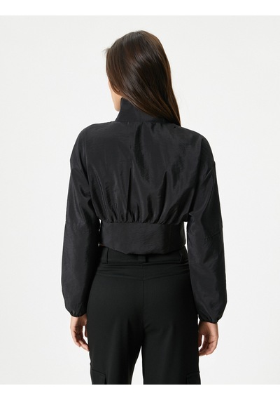 Koton Crop Bomber Ceket Fermuarlı Dik Yaka Siyah 4sak50014pw Siyah