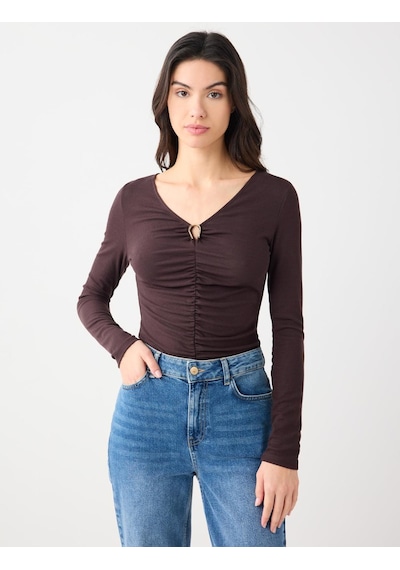 Jimmy Key Acı Kahve V Yaka Uzun Kollu Büzgü Detaylı Örme Bluz 5ww035626803
