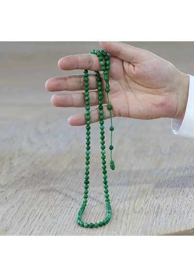 Tesbihname Ateş Kehribar Namaz Tesbihi - Sistemli - Zümrüt Yeşili Renk - Özel Kesim Yeşil
