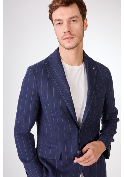 Dufy Lacivert Erkek Regular Fit Çizgili Sivri Yaka Keten Ceket - 104439 Lacivert