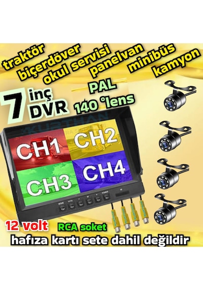 4 Beyaz Ledli Kelebek Kamera 7 İnç Qled Ips Hybrid 256 Gb Dvr Monitör Seti - 12 Volt