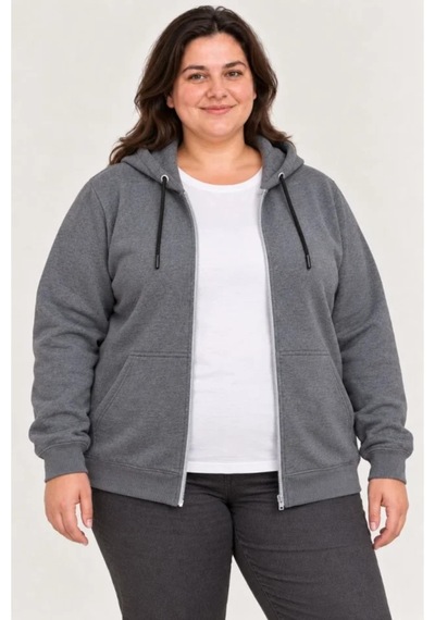 Butik İstanbul Battal Büyük Beden Üç İplik İçi Şardonlu Kapüşonlu Tam Fermuarlı Kışlık Sweatshirt - Füme