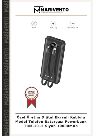 Özel Üretim Dijital Ekranlı Kablolu Model Telefon Bataryası Powerbank Trm-1015 Siyah 10000mah Çok Renkli