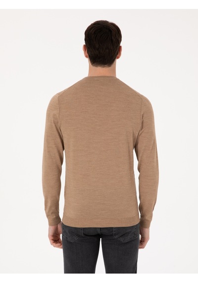 Cacharel Camel Slim Fit Yün Karışımlı Bisiklet Yaka Basic Triko Kazak Kahverengi